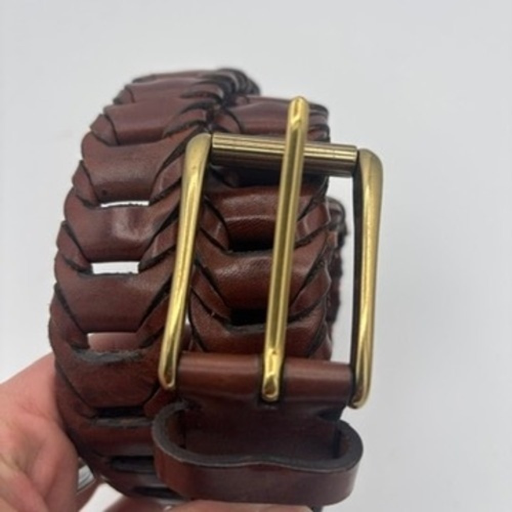 Cole Haan Woven Leather Belt Men Sz 44 Brown Braided Brass Buckle Casual - Picture 5 of 9